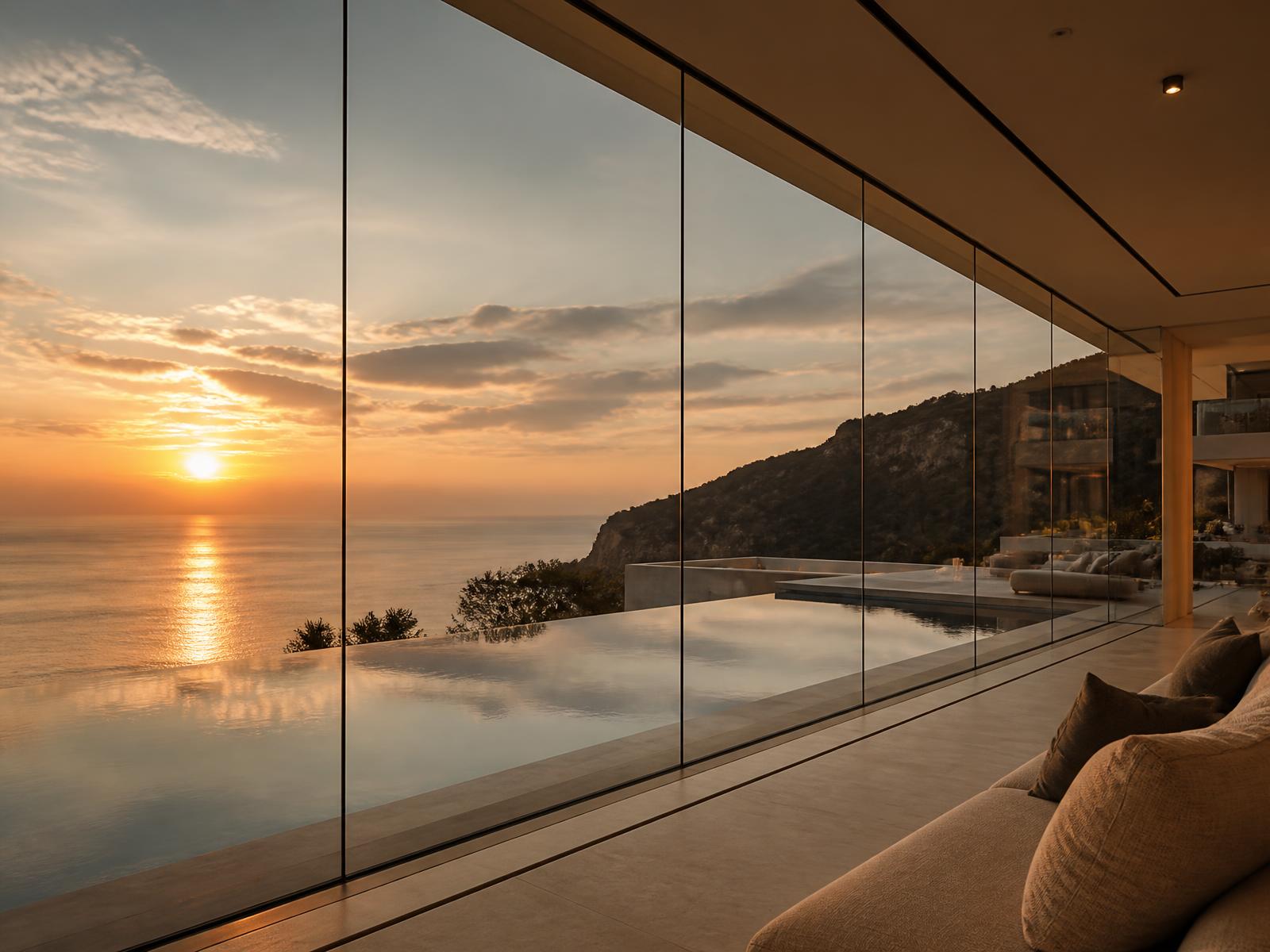 Frameless structural glass wall overlooking an infinity pool and the ocean