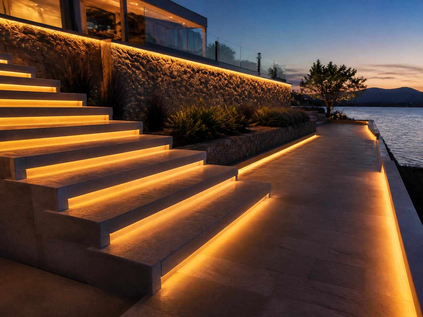 Hidden integrated LED lighting along stone stairs, walkway and retaining wall of a luxury waterfront residence