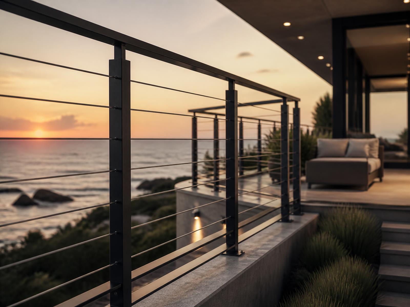 Marine grade aluminum railing system on a modern oceanfront residence at dusk