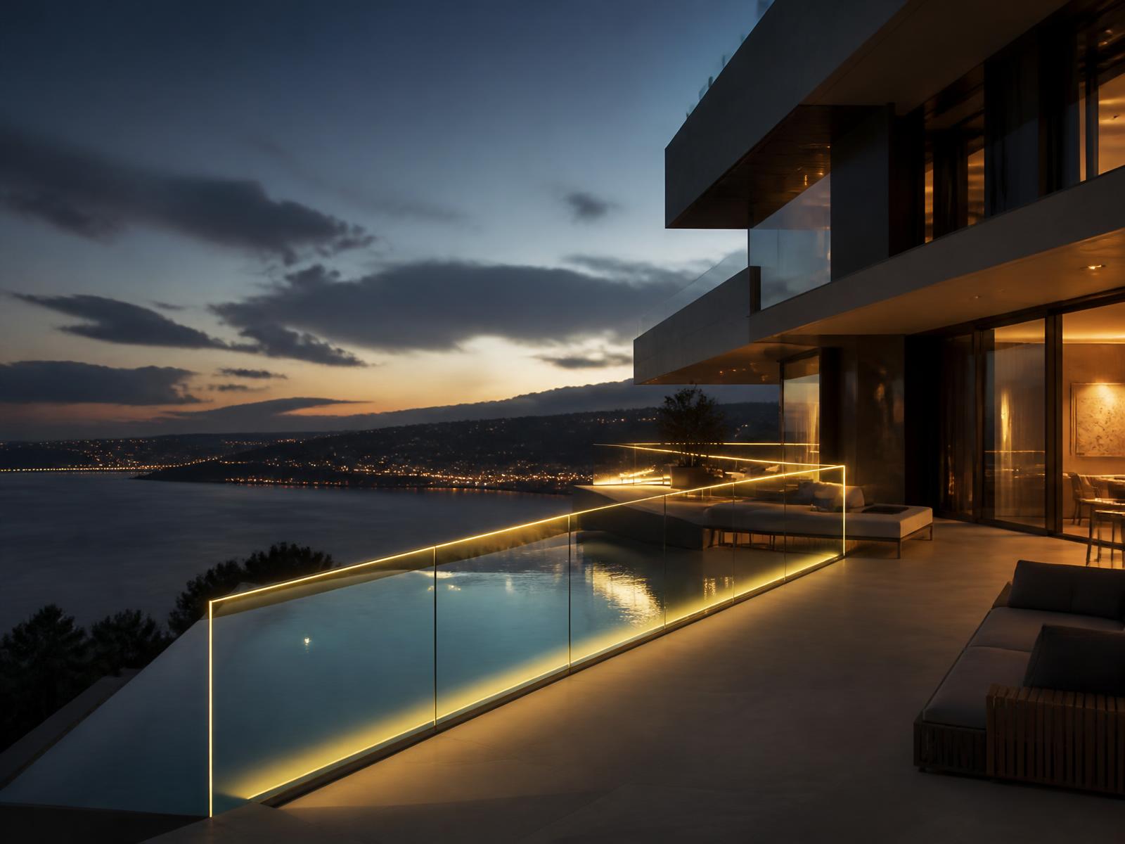 Frameless architectural glass railing with integrated warm white LED illumination overlooking an infinity pool at dusk