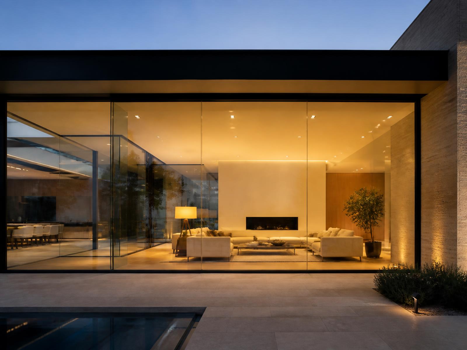 Ultra-clear low-iron glass wall of a luxury residence glowing at dusk