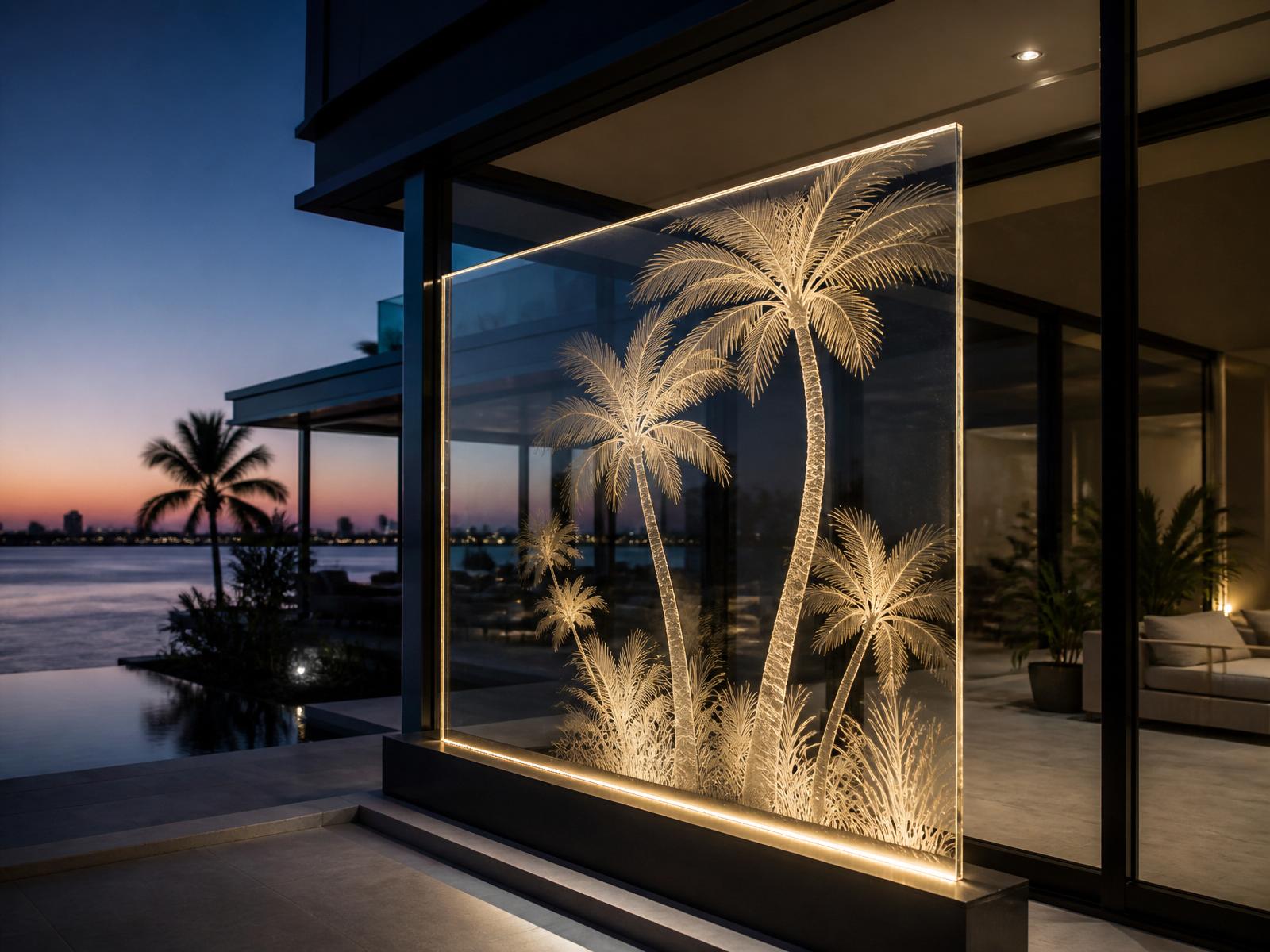 Laser engraved laminated glass panel with illuminated palm tree artwork on a waterfront terrace at dusk